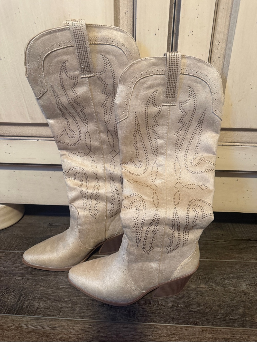 Womens Cream Western Knee-High Boots with gold rhinestone